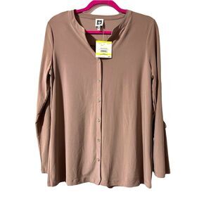 Anne Klein Button Front Blouse Size M Roll Tab Sleeve Split Neck Taupe NWT